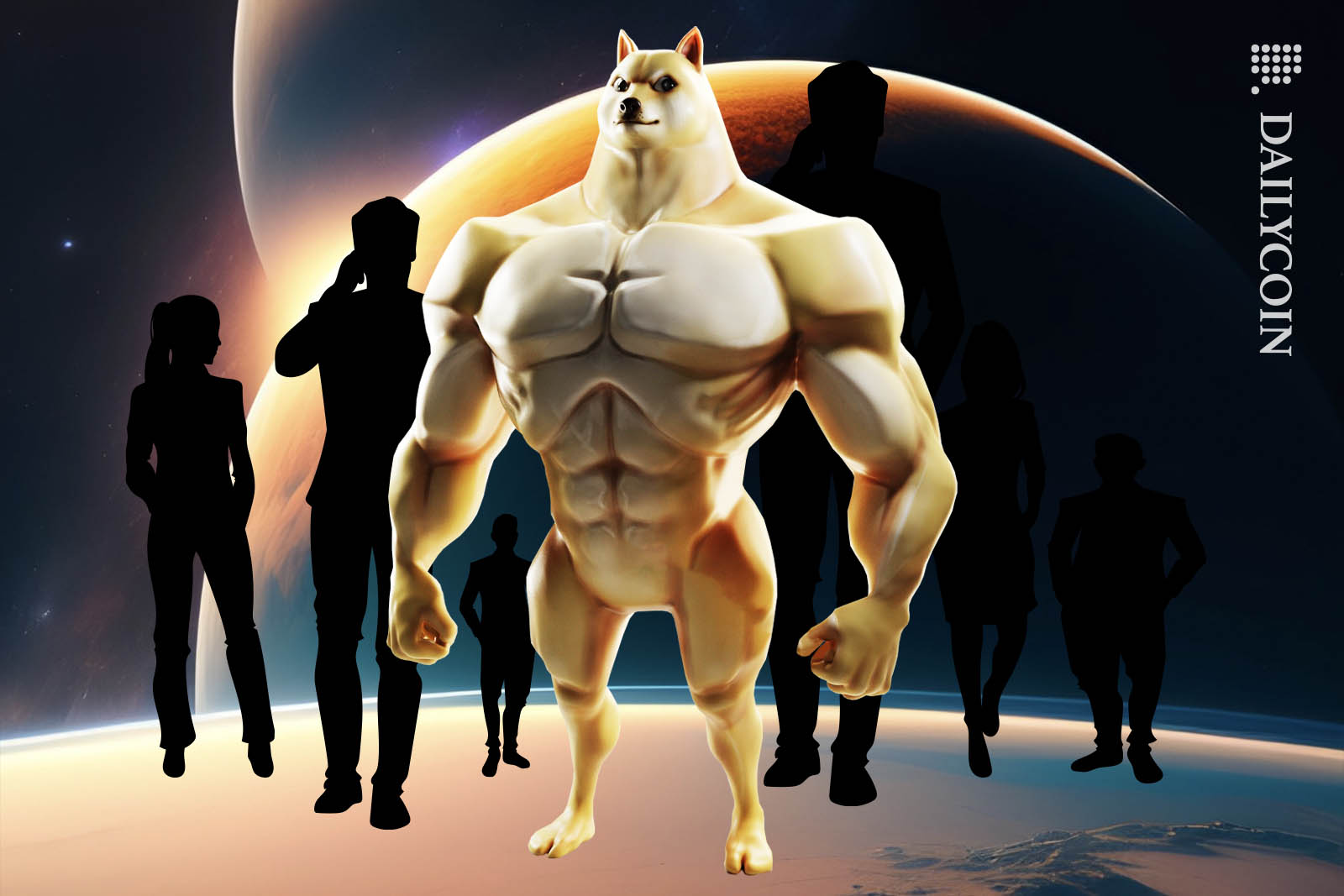 Huge buffed Dogecoin mascot DOGE posing in space surrounded by 6 mysterious figures.