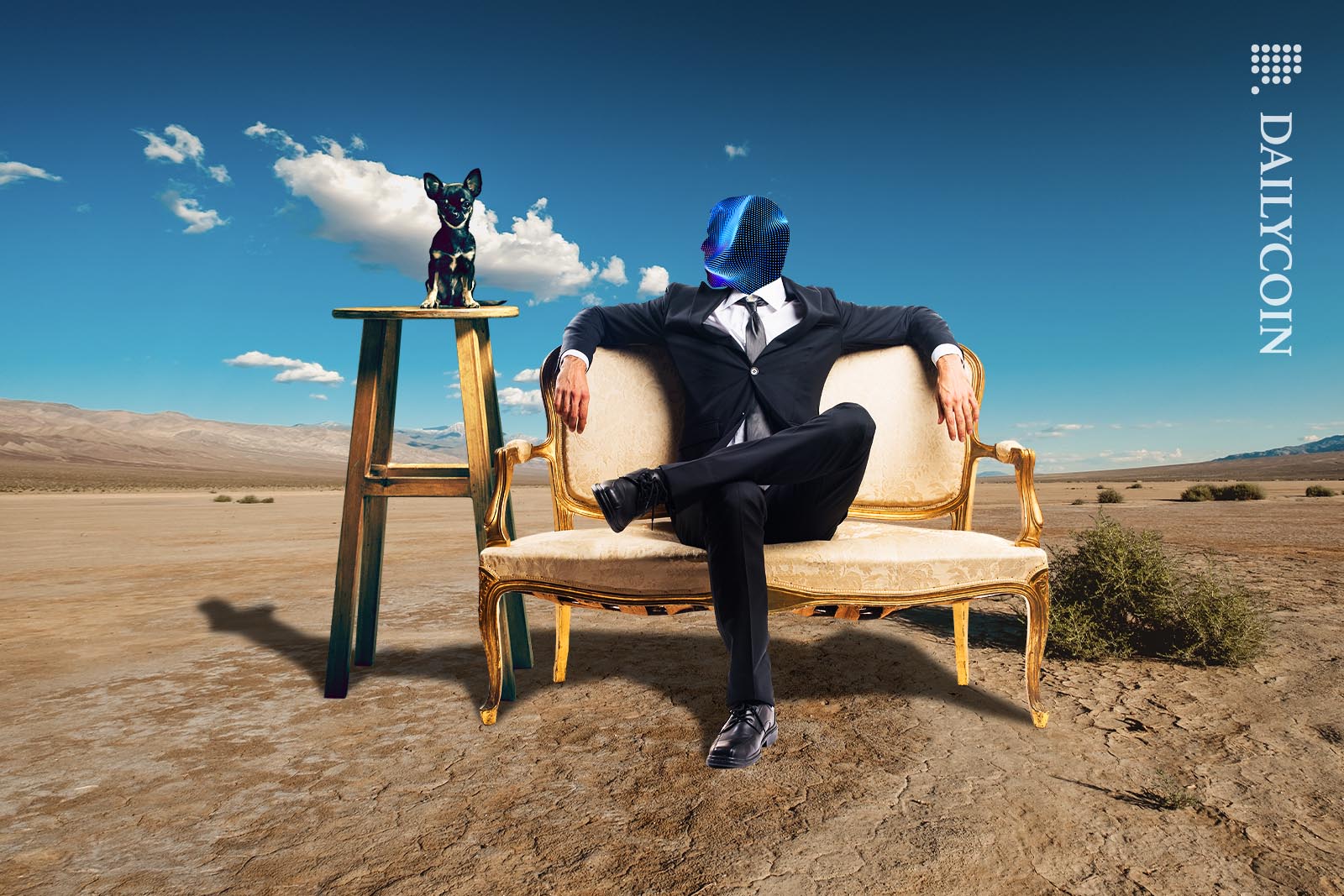 Man with an abstract digital head, sitting in a fancy chair next to a small dog on a stool in the middle of a desert.