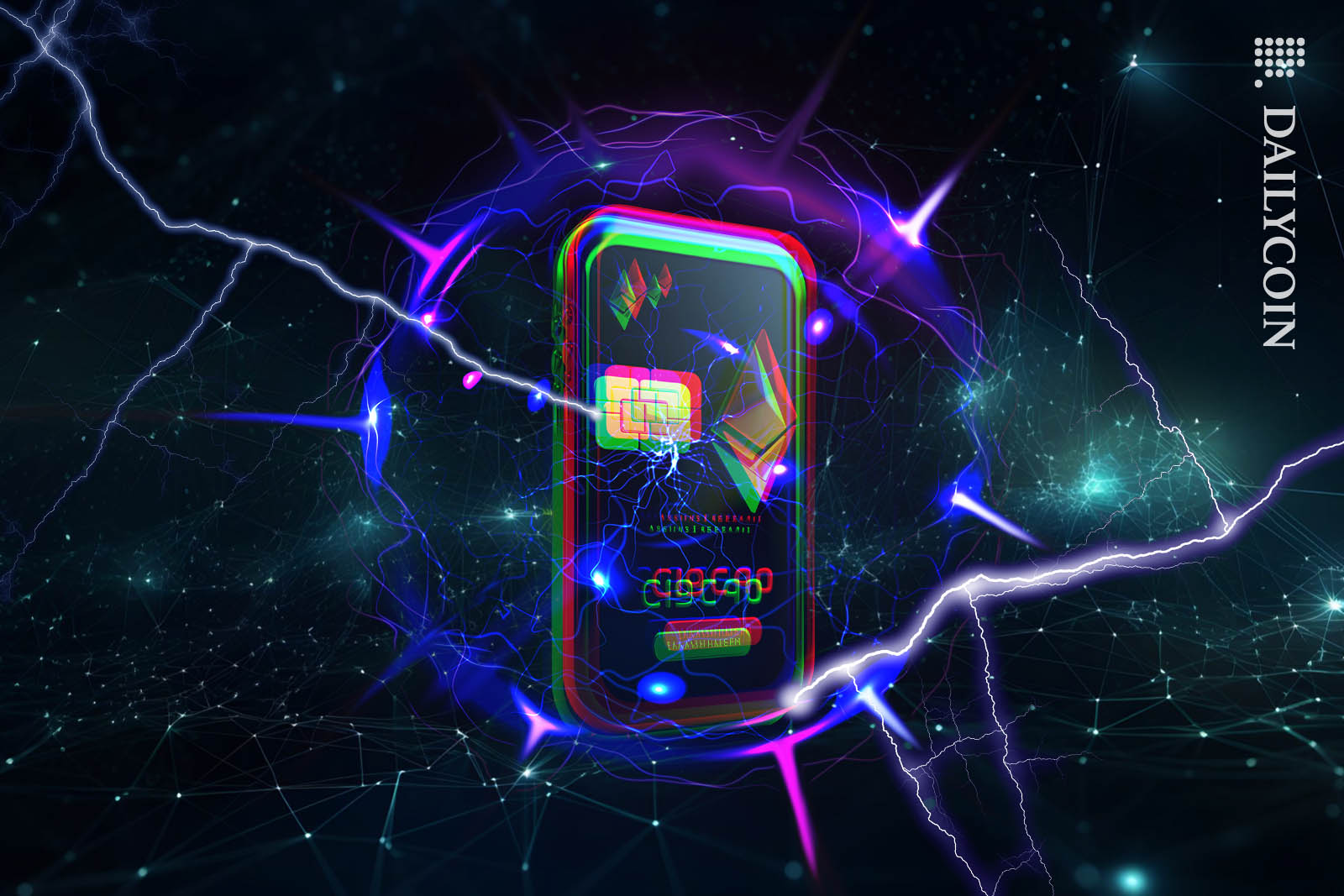 Ethereum wallet shaking and wibrating with activity in a sphere of light.