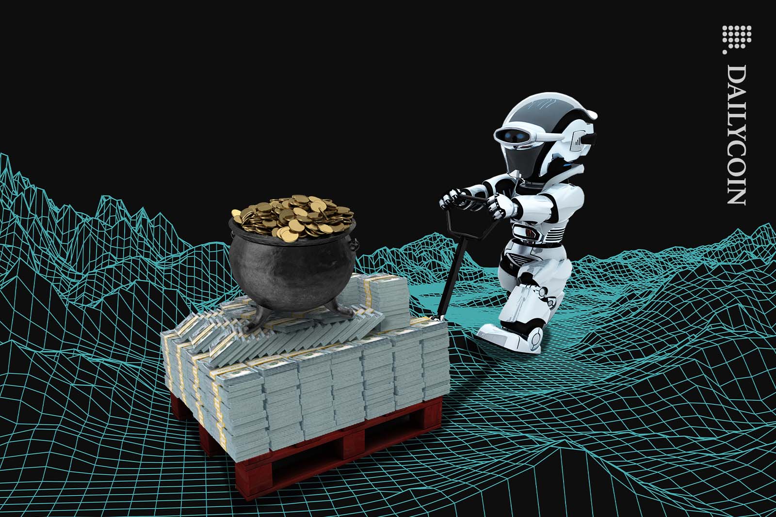 Small robot pushing a huge pile of cash and a pot of gold coins.
