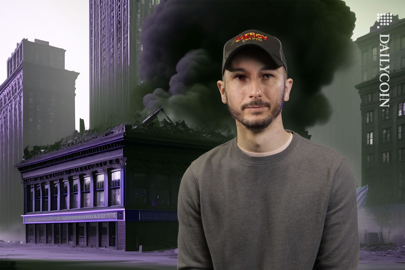 Frankie Candle infront of a collapsed, smoking building.