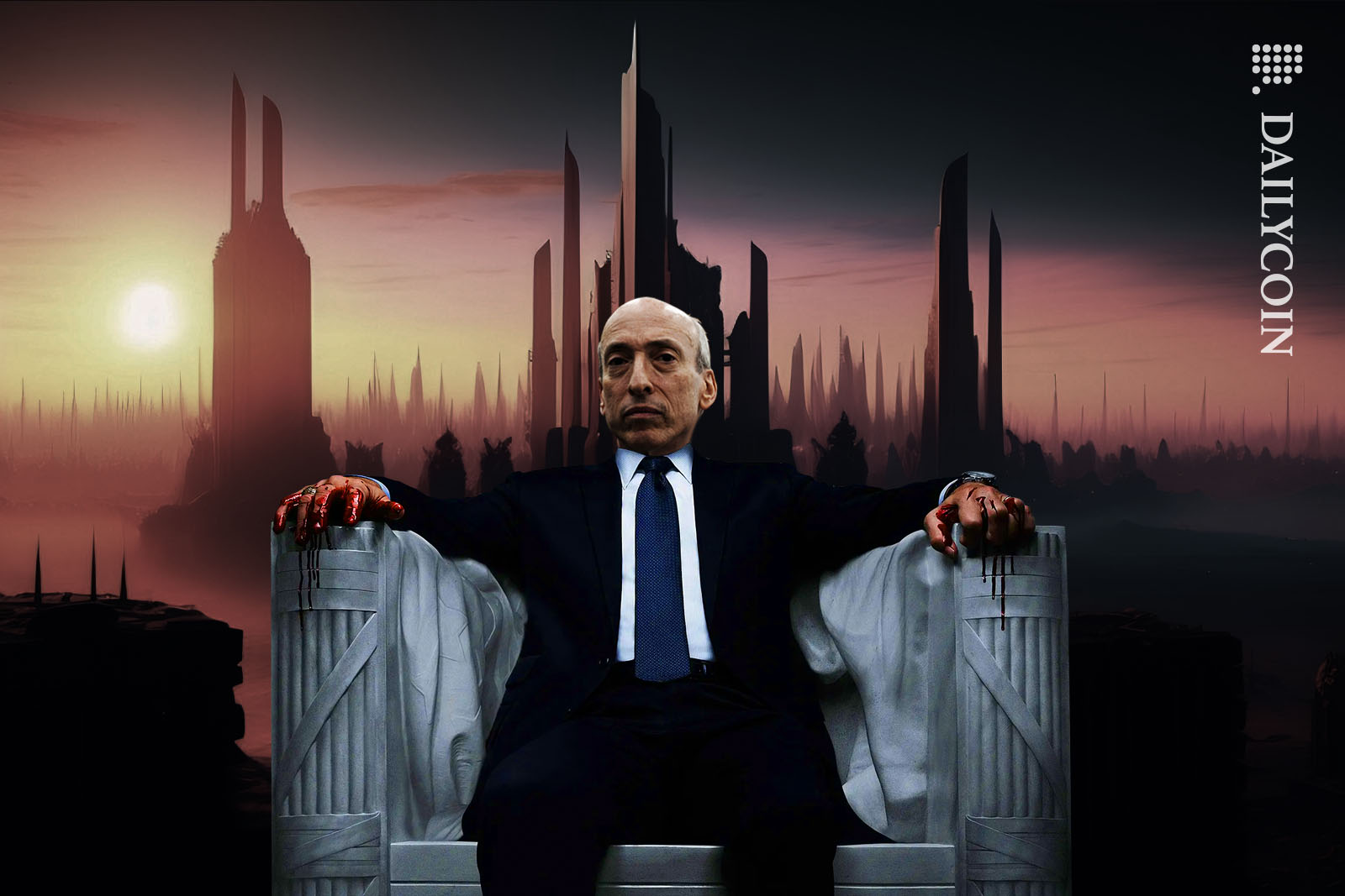 Gary Gensler sitting in the House of Cards chair looking very power hungry.