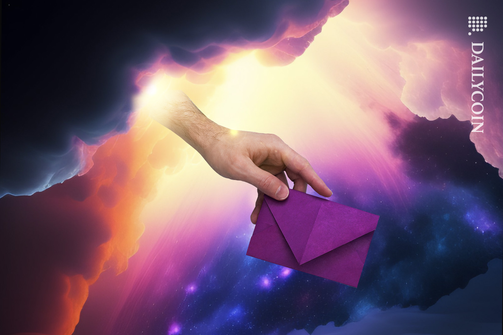 Big hand passing down an envelope from the clouds.