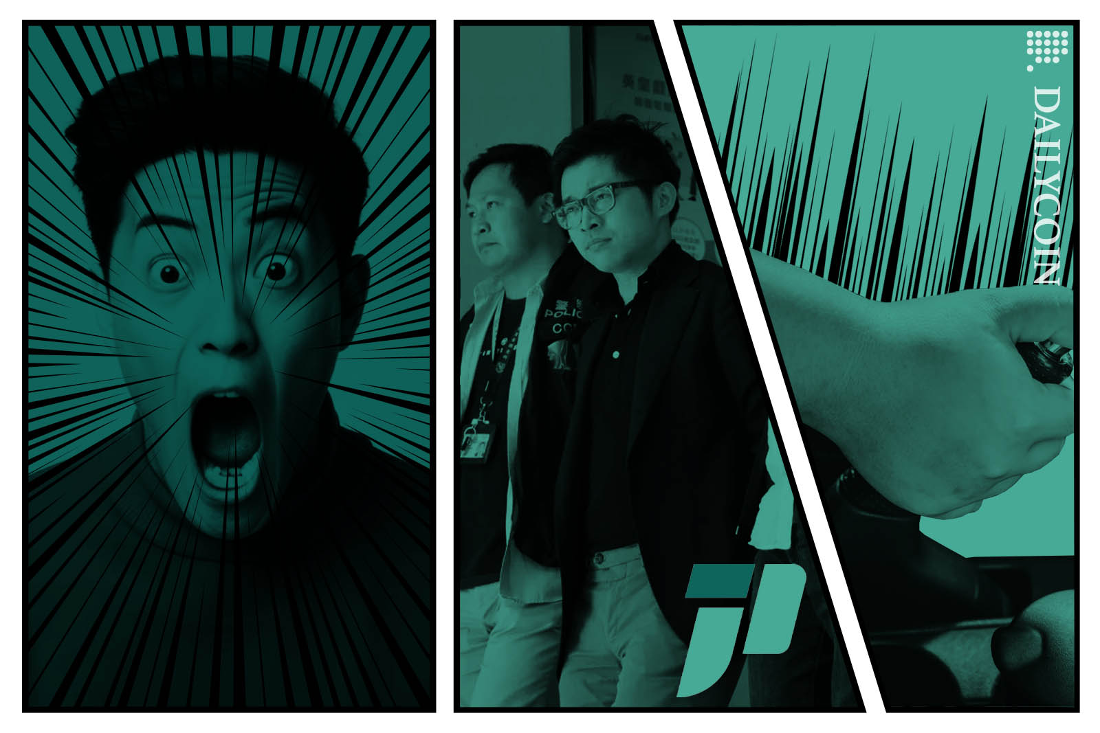 Manga style layout shows a man get shocked by the arrest of an influencer related to JTX scandal, then pulls the handbrake.
