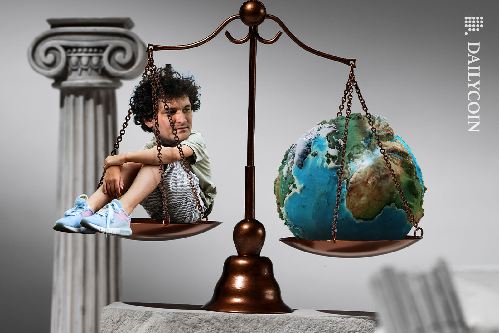 Sam Bankman Fraudster Fried sitting in the Scale of Justice on one side and Planet Eart on the other.