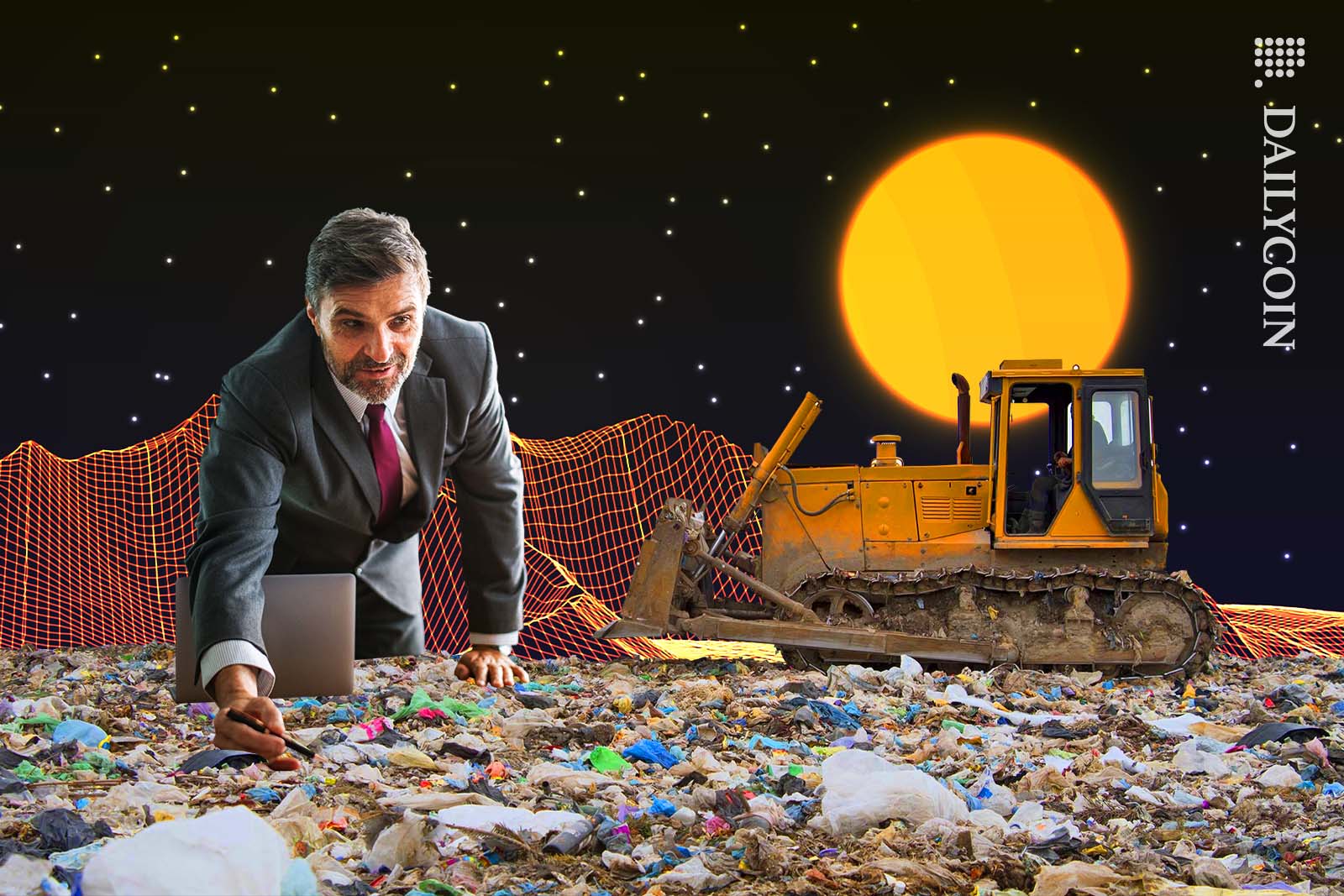 Lawyer points out the location of something for the digger driver on a landfill.