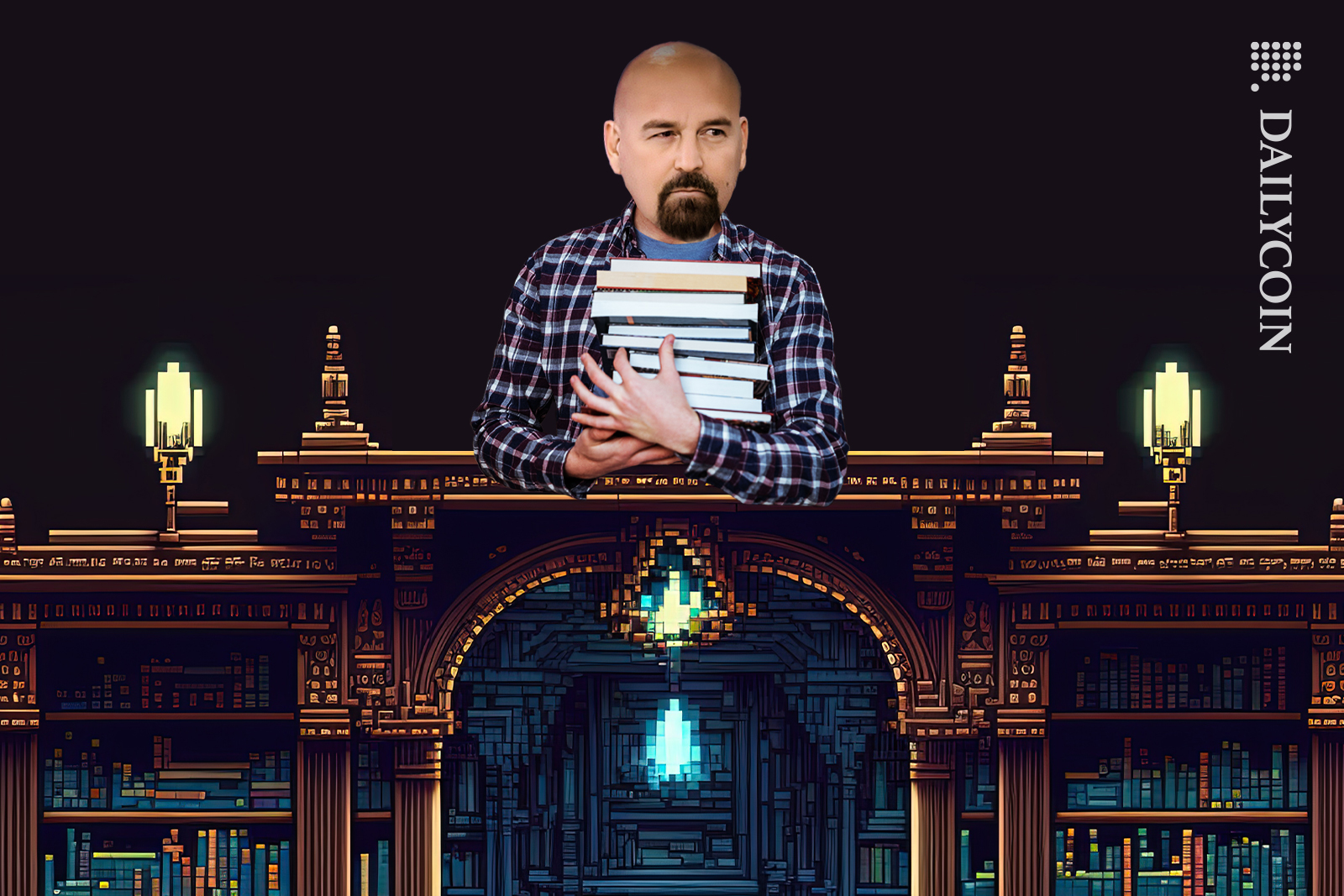 Lawyer John Deaton, holding books on top of the library.