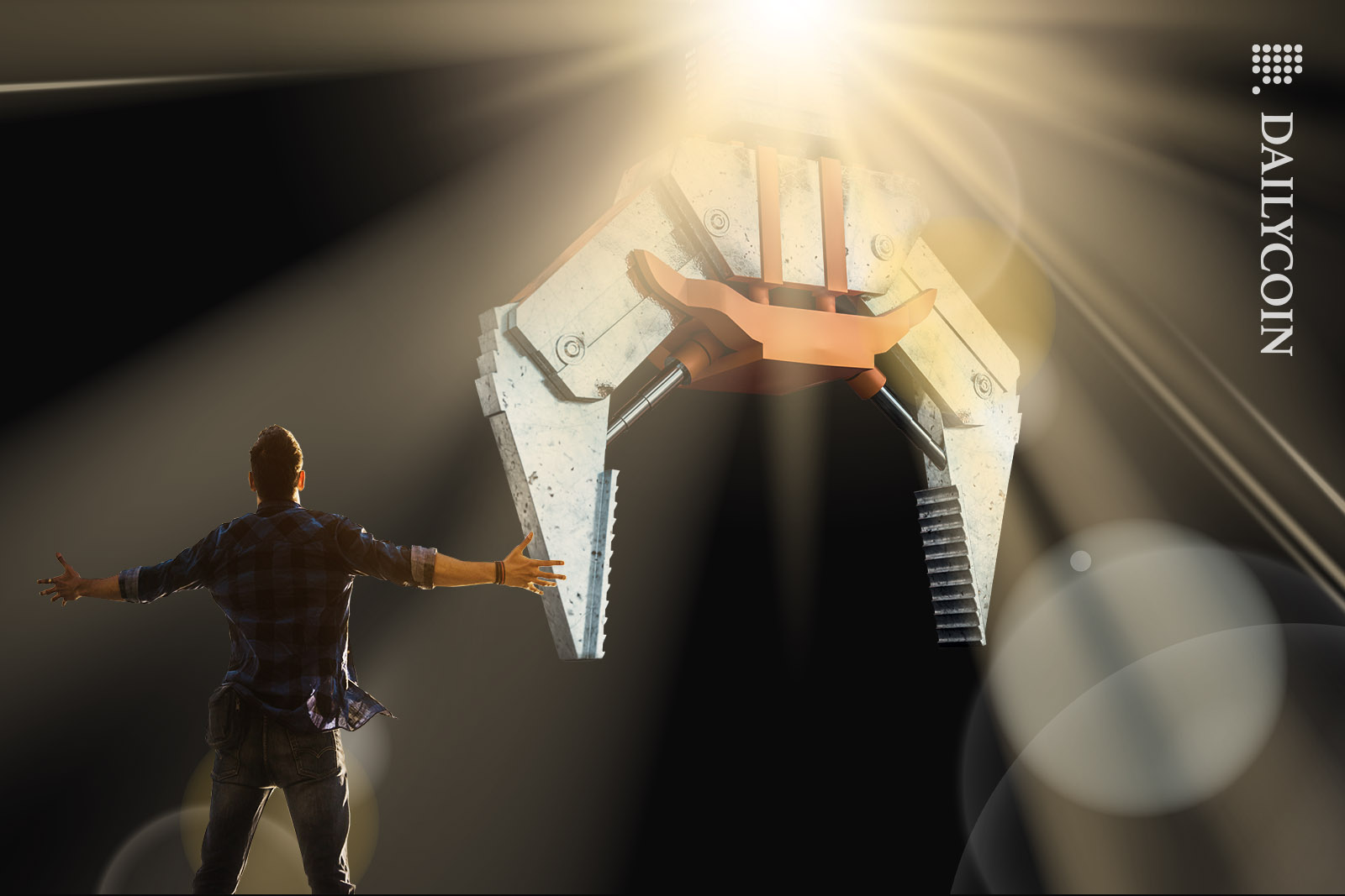 Man welcoming a huge clawreaching down from the sky.