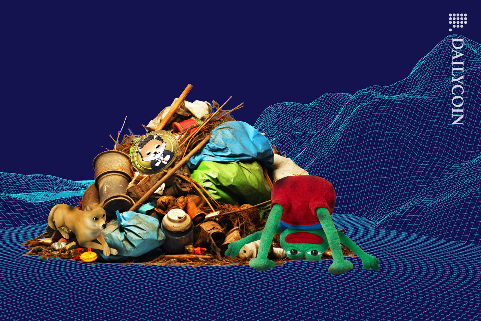 A pile of trash, containing some meme coin mascots, sitting in a wireframe landscape.