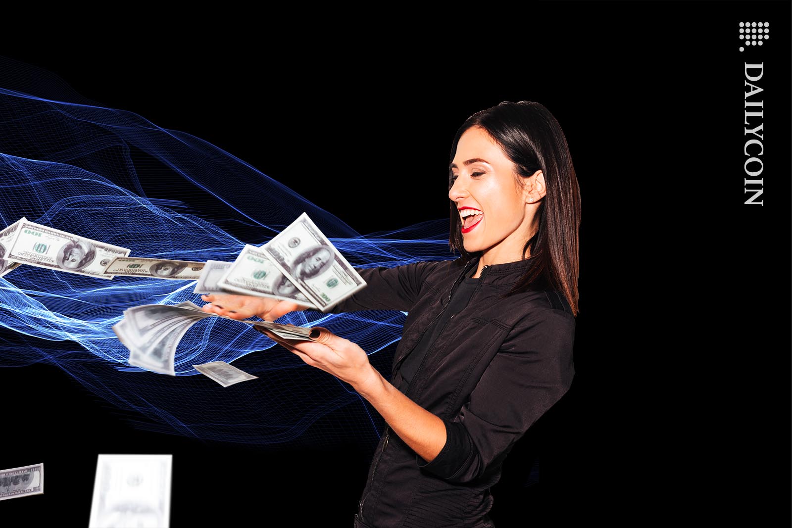 Happy woman throwing money away.