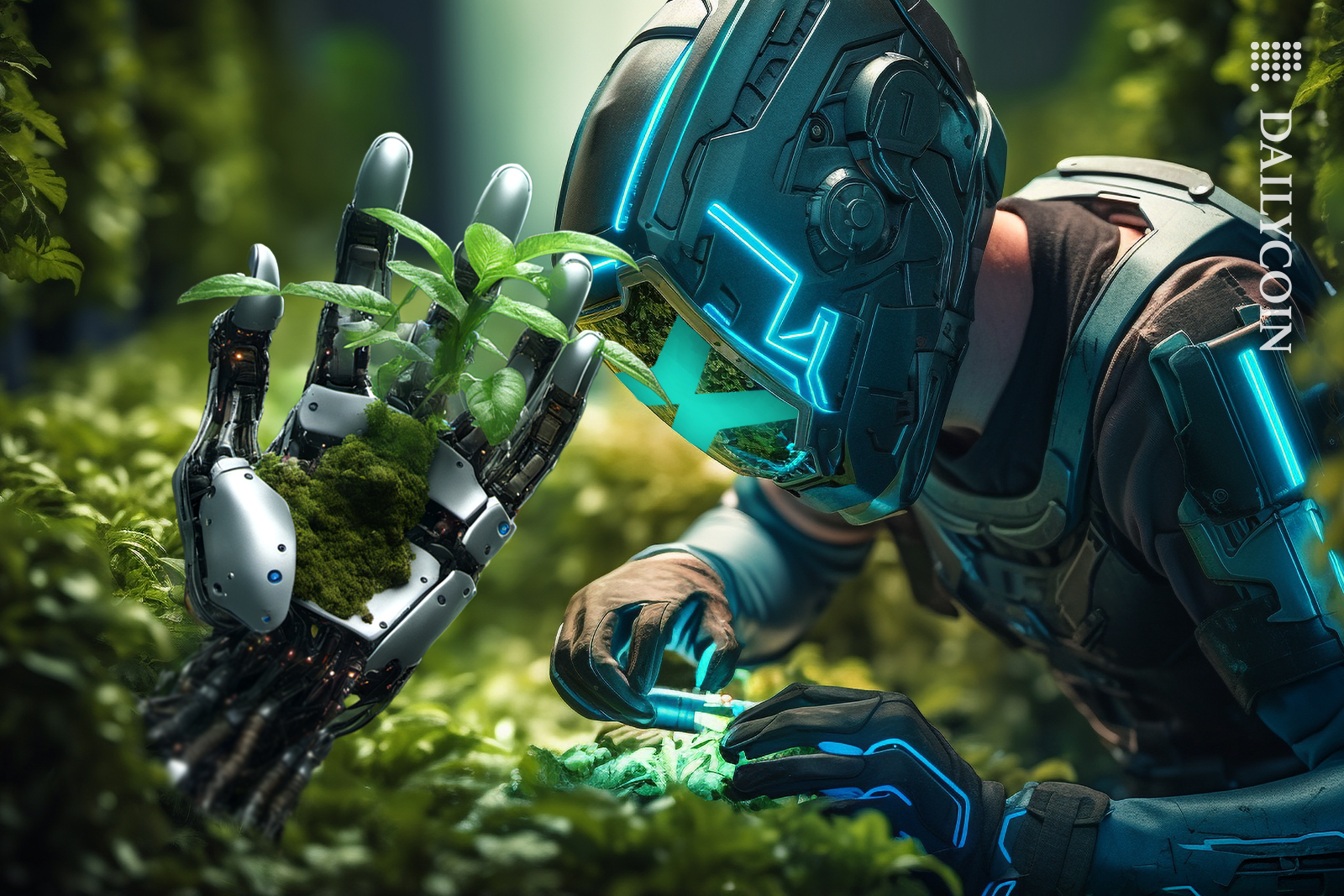 Robots growing out the greenery, MultiversX robot checks all the leaves.