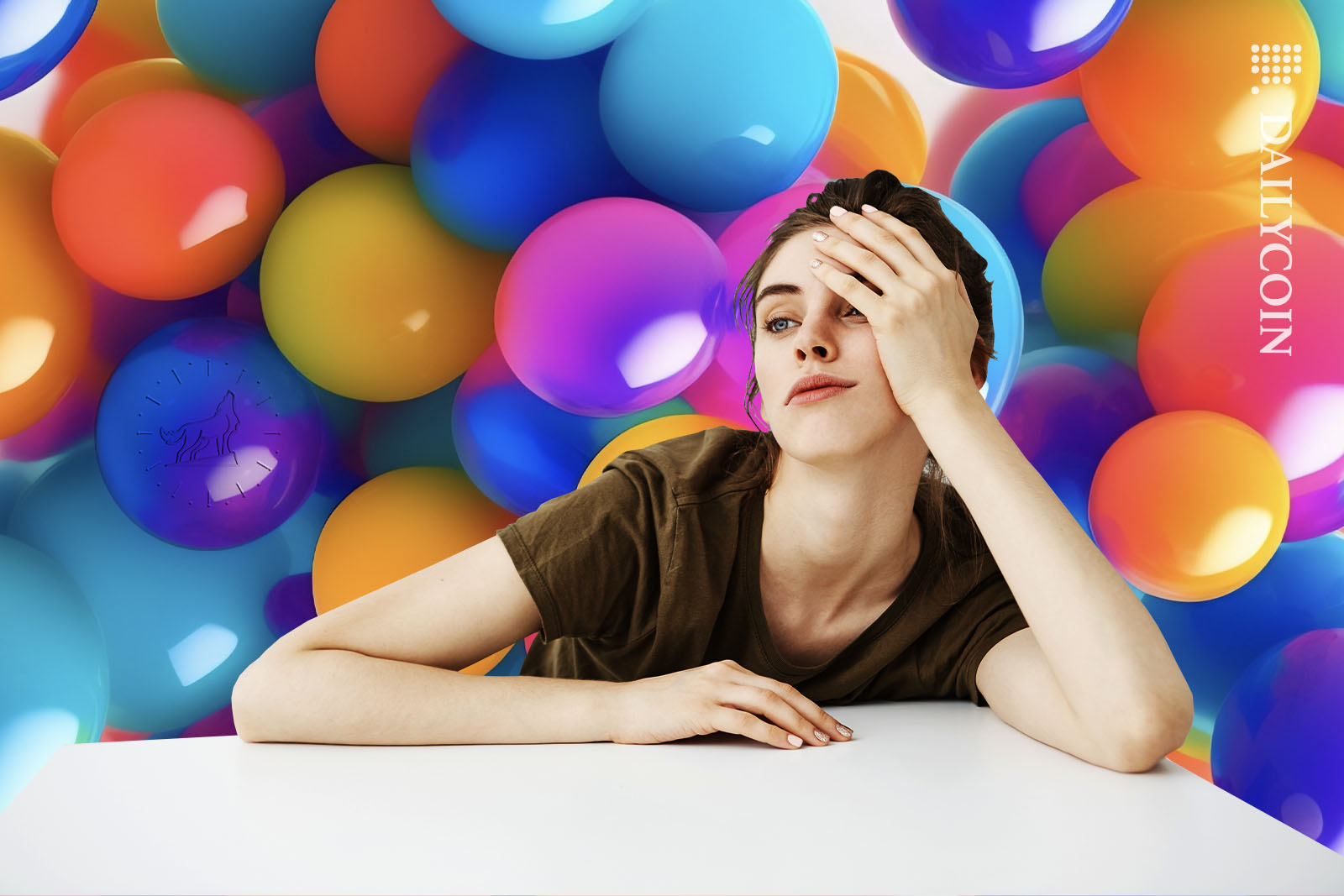 Young woman appeares to be extremly bored with some colouful bubbles in the background.