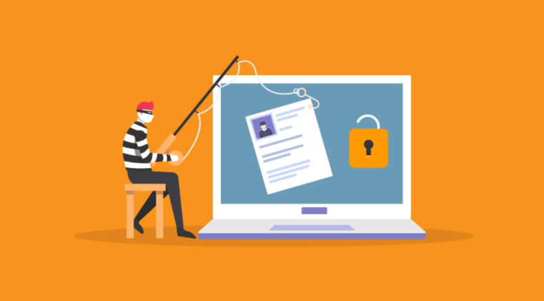 A criminal attempting a phishing theft from a huge computer.