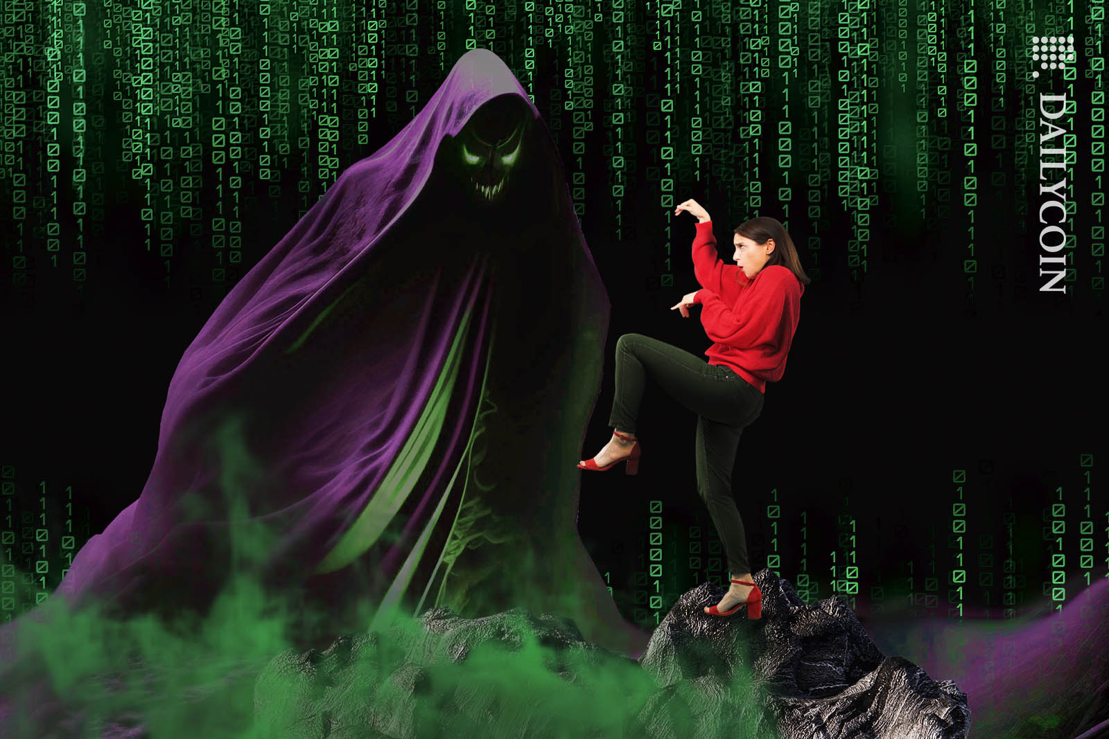 Optimistic woman attempting to use a karate kick to repel a demon looking creature.