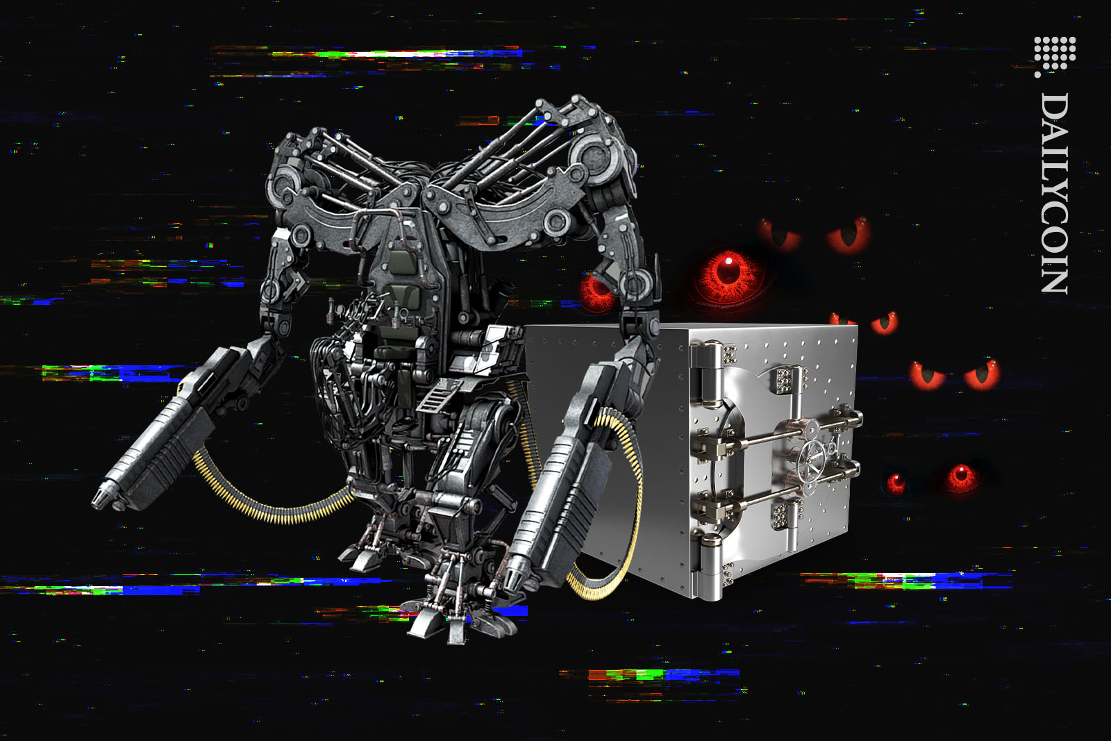 Futuristic security robot guarding a safe, as many red eyes watching in a dark glitchy background.
