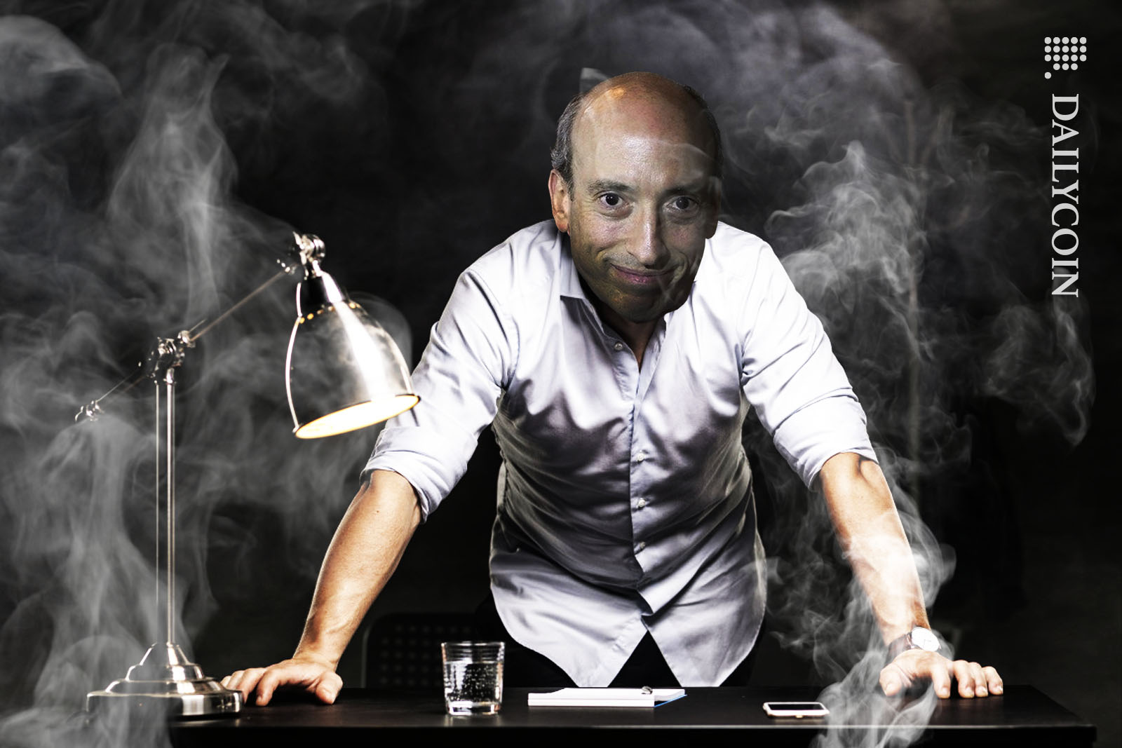 Gary Gensler interrogating somebody in a dark and smoke filled room.
