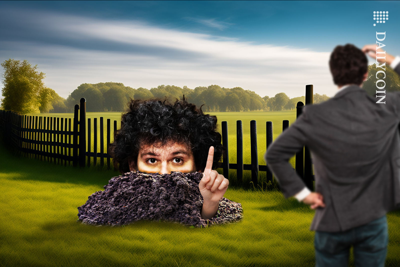 Sam Bankman Fried emerging from a mole pile raising one finger.