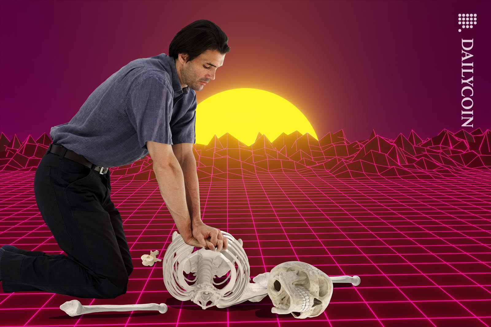 Man performing Cardiopulmonary resuscitation on a sceleton in pieces.