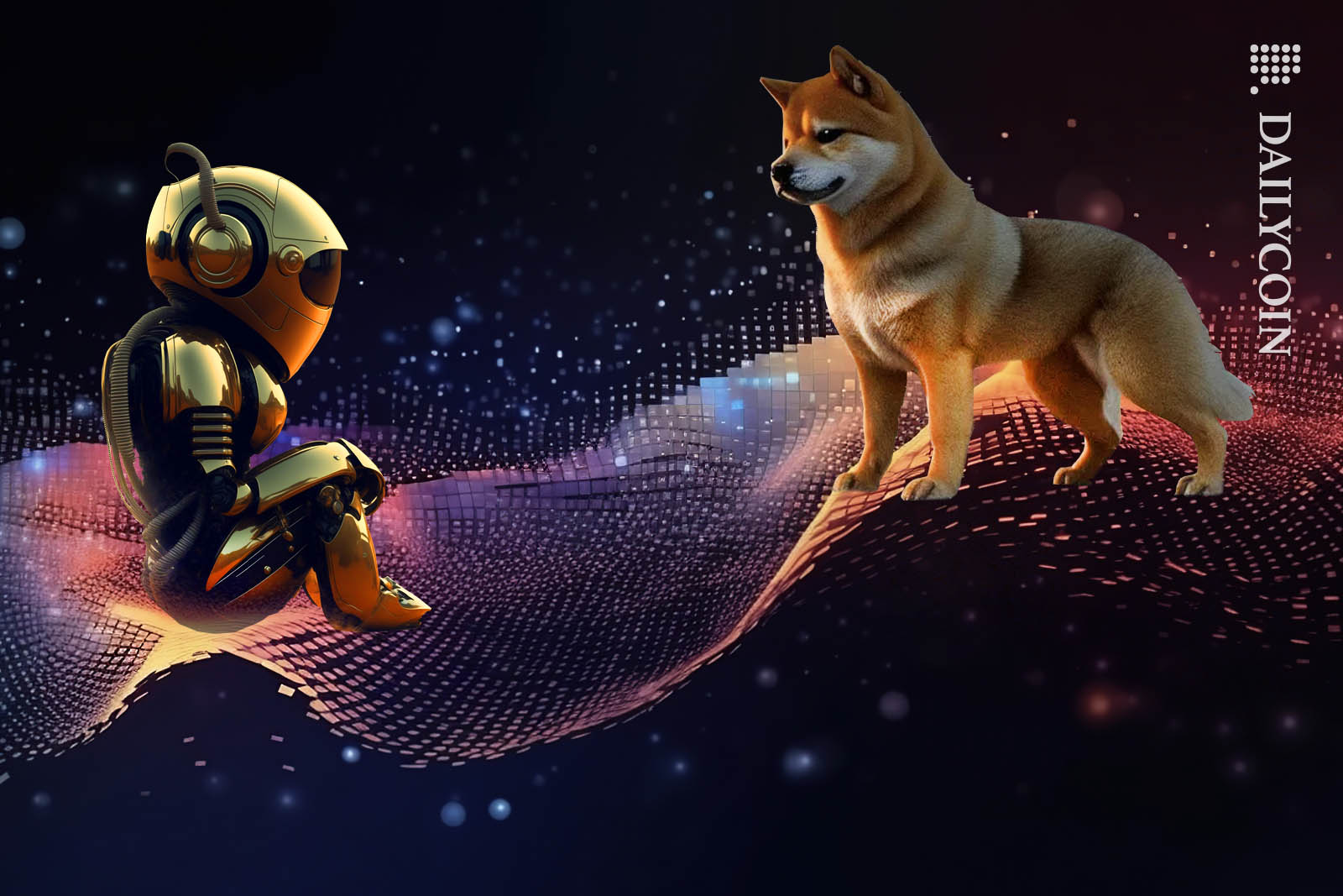 Shiba Inu befriending a small robot on a digital noise-like surface.
