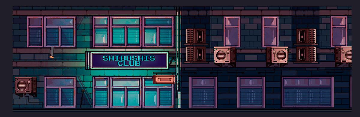 Pixel art of a two story house with Shibosi social club logo.