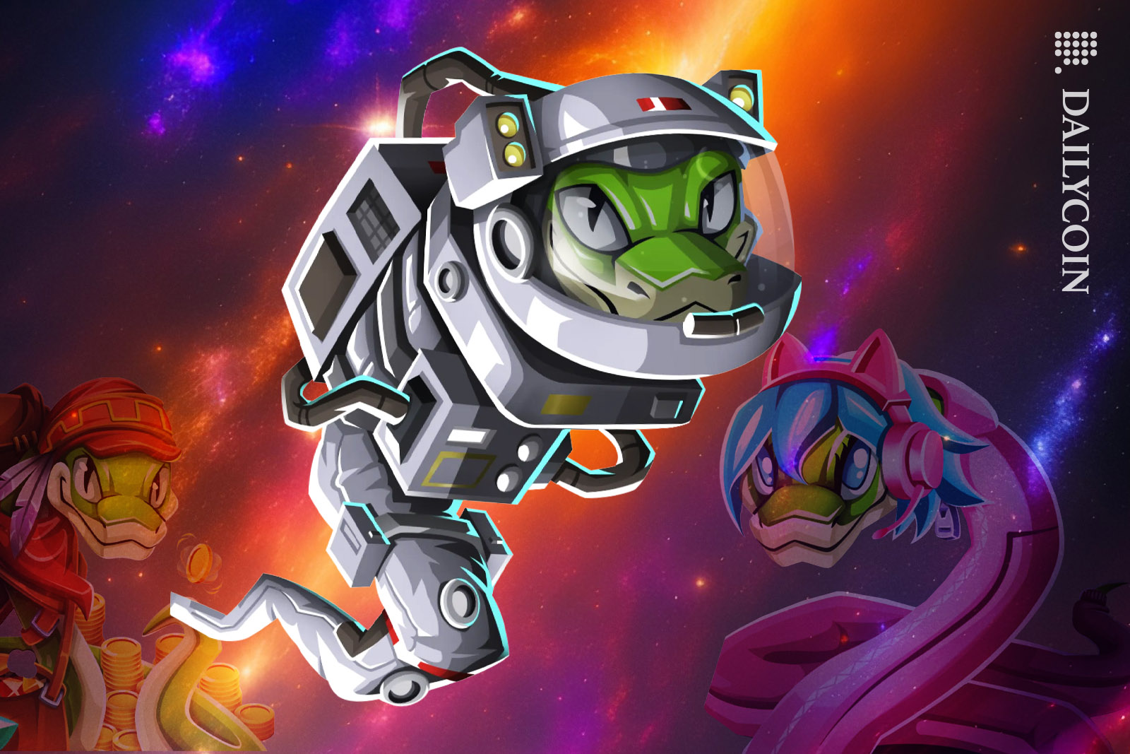 Three snake characters floating around in outer space.