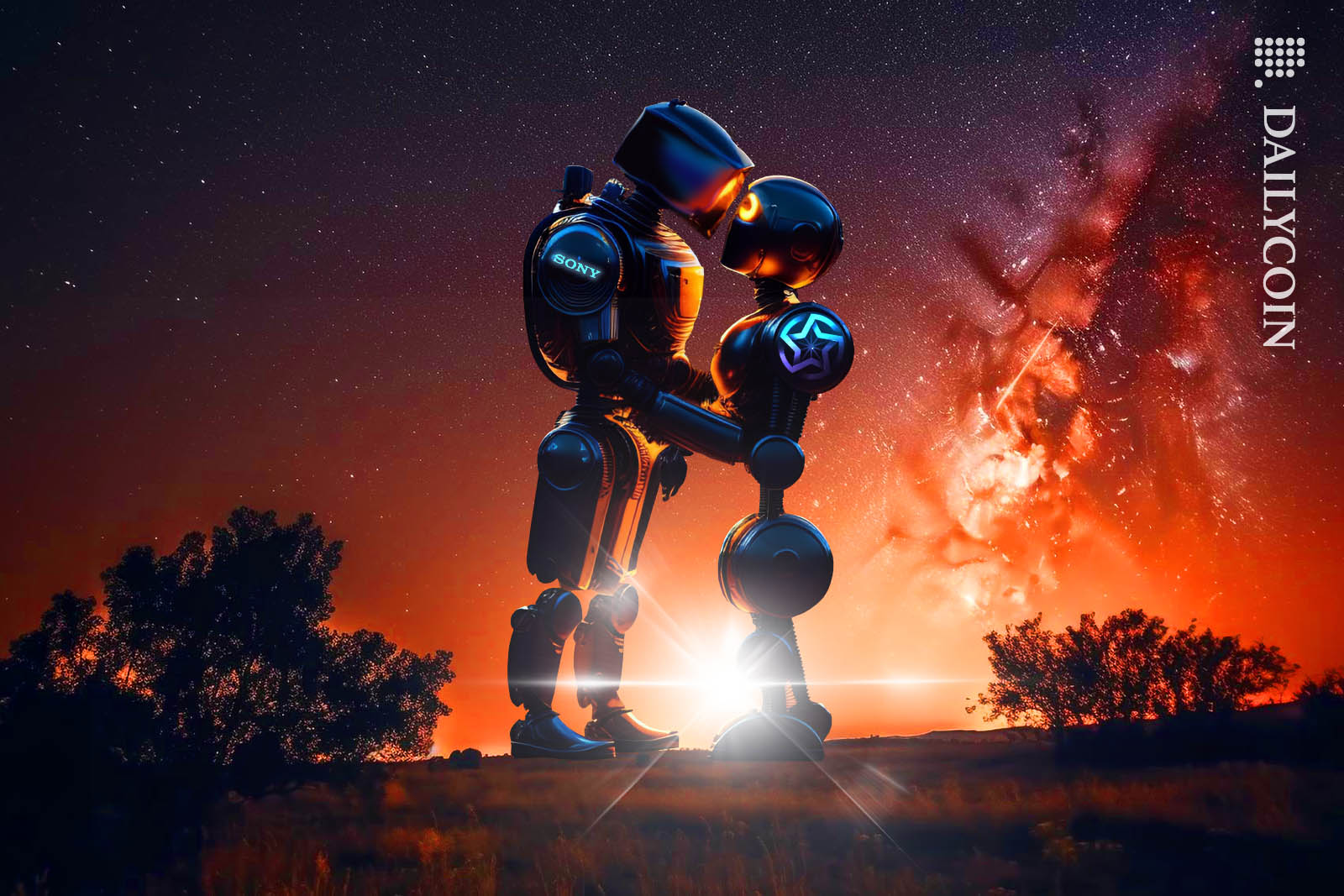 Two robots holding eachother in a romantic way under the stars.