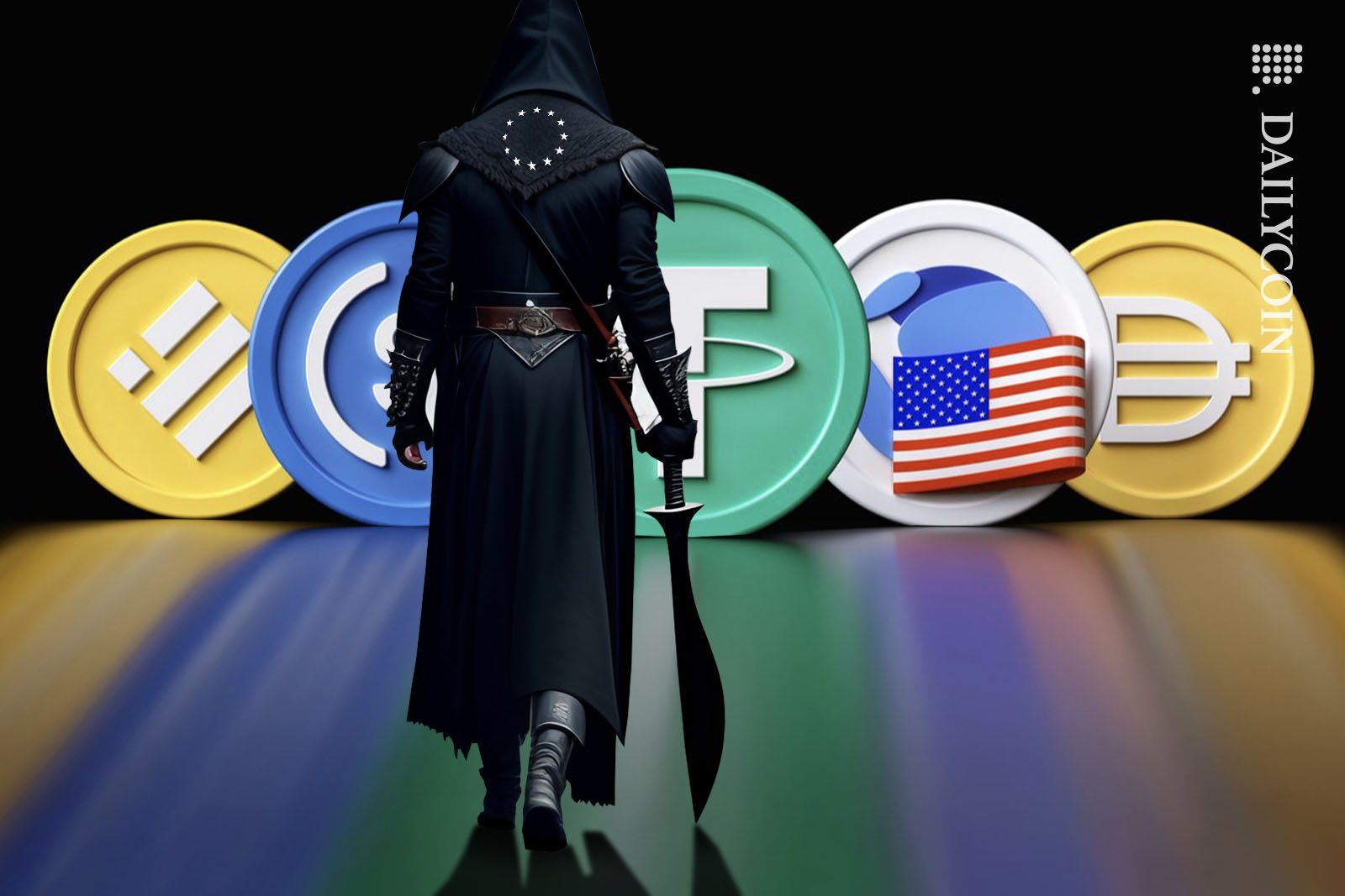 An executioner with a big blade approaching a line of stablecoins.