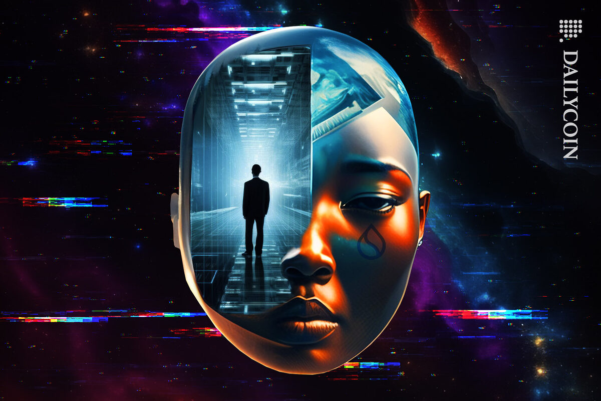 A gateway through a female face into another digital world.