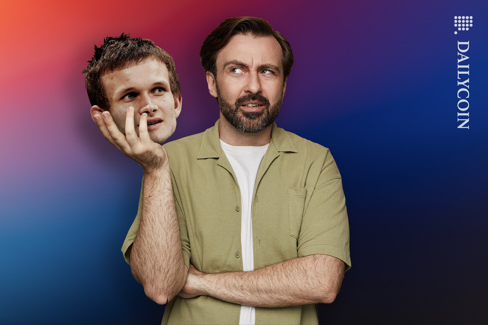 Man holding Vitalik Buterin's head and questioning what he is saying.