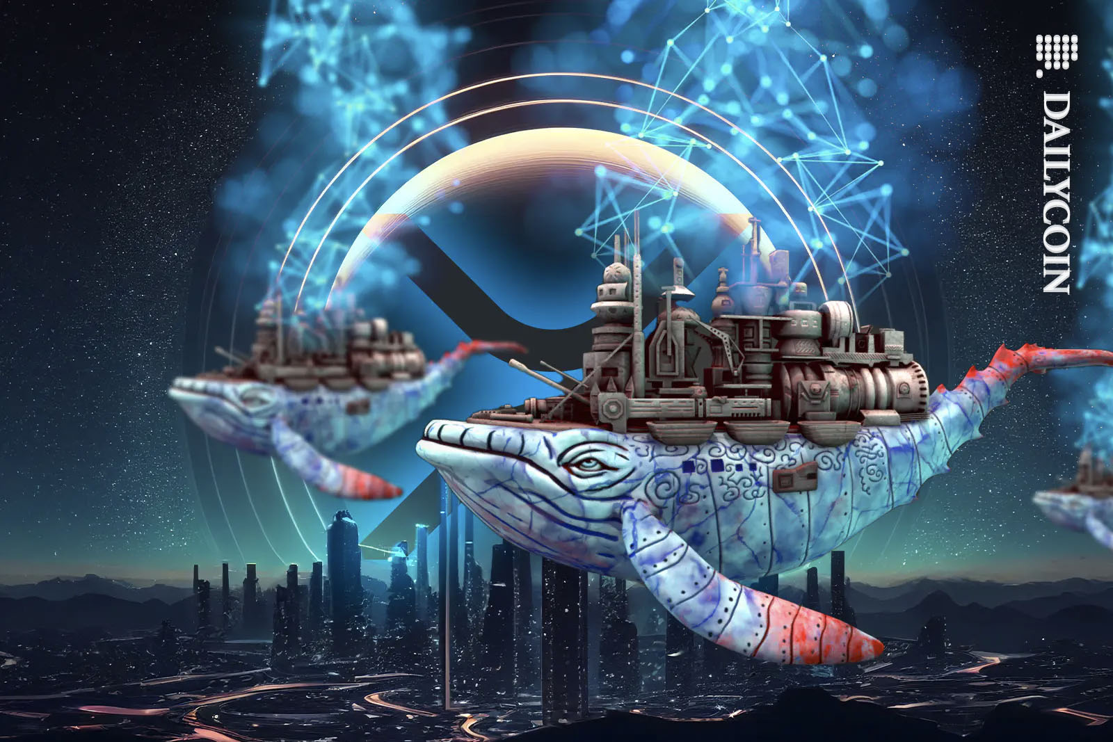 Two Ripple XRP whales swimming above a futuristic city.