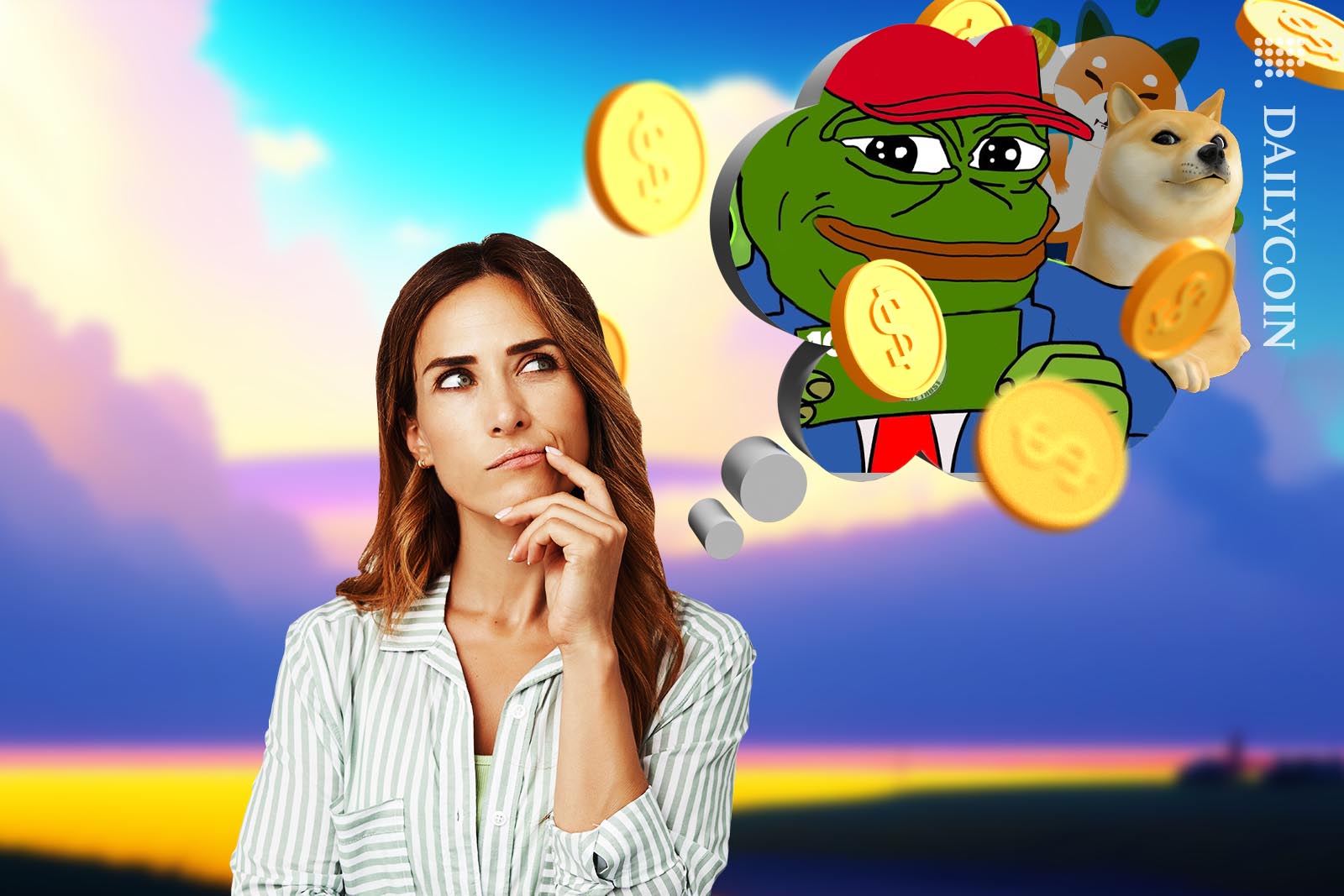 Woman thinking about SHIB, DOGE and Pepe in a dreamy landscape.