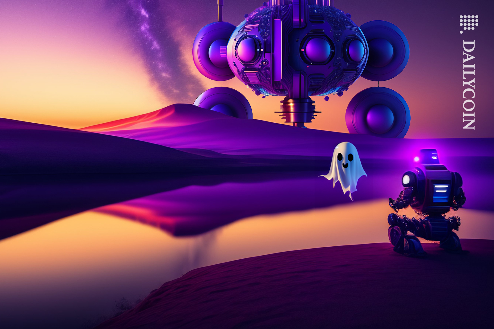 little Aave ghost asking for a helping hand from the purple robot across the waters.
