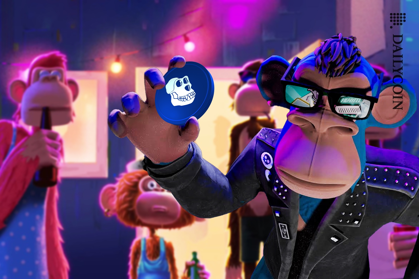 Bored Ape coming in threatingly showing the Apecoin to you. ''HV-MTL Rift'' reflection on his glasses showing whats to come.