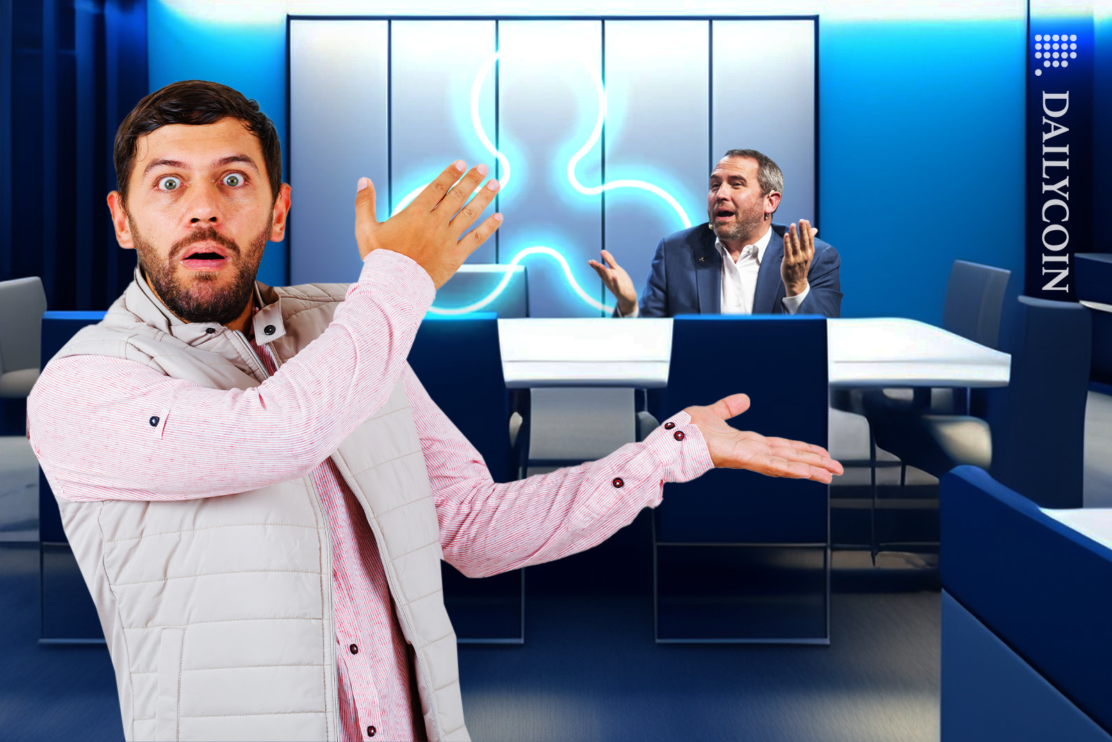 Man cannot believe what Brad Garlinghouse is saying at Ripple office.