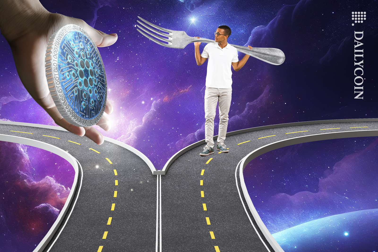 Guy on a split road holding a massive fork, sees hand holding a Cardano coin.