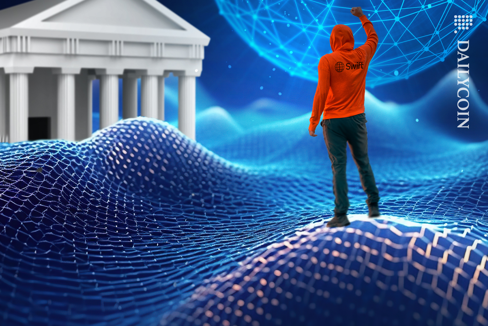 SWIFT man celebrating the connection between central bank.