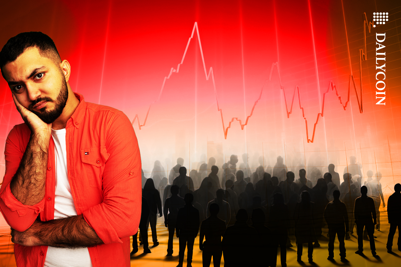 Man is looking concerned , people in the crowd looking at the high chart.