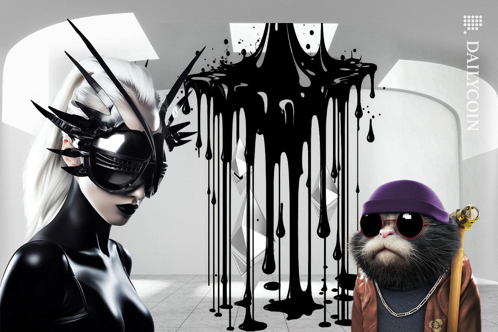 Black Ink villain and her accomplice Angry cat with a hammer keeping ETH captive.