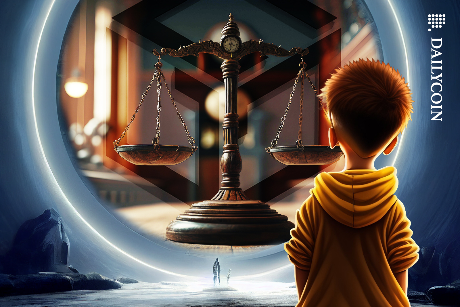 Cartoon boy looking through a portal seeing GALA Games in a lawsuit.