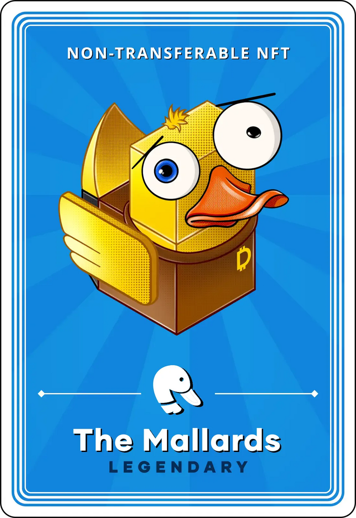 A blue trading card featuring a yellow duck made of geometric shapes. The top caption reads "non-transferrable NFT". The bottom caption reads "The Mallards - Legendary".