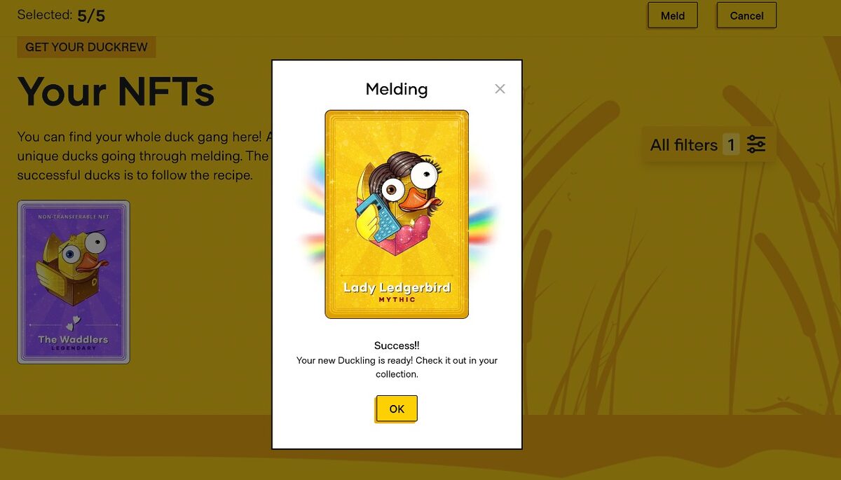 A screenshot of the Duckies game. There is a pop up at the center of the screen showing the successful results of melding. The process yielded a Mythic tier Duckling trading card NFT called "Lady Ledgerbird".