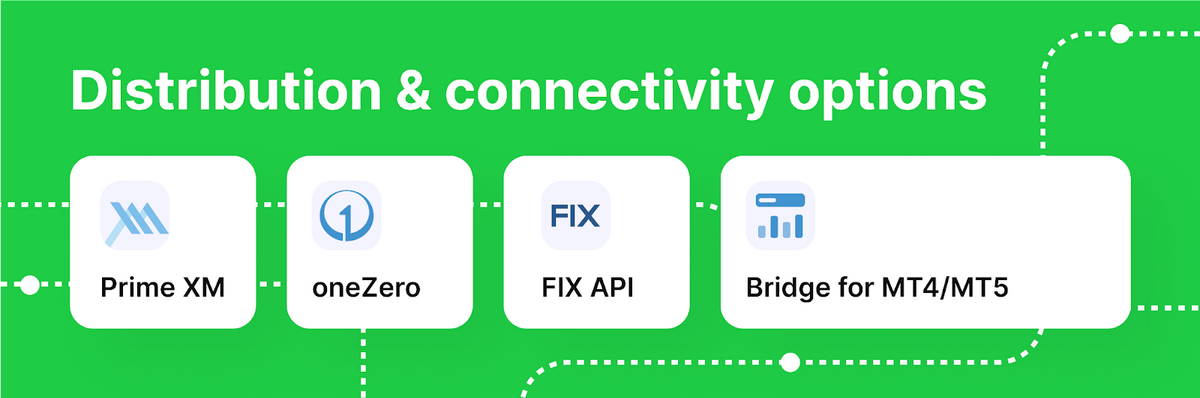 B2Prime distribution and connectivity options: Prime XM, oneZero, FIX API, Bridge for MT4/MT5.