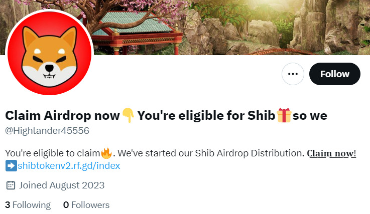Scam Shib X profile.