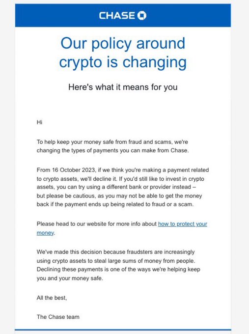 Chase notice on crypto policy.