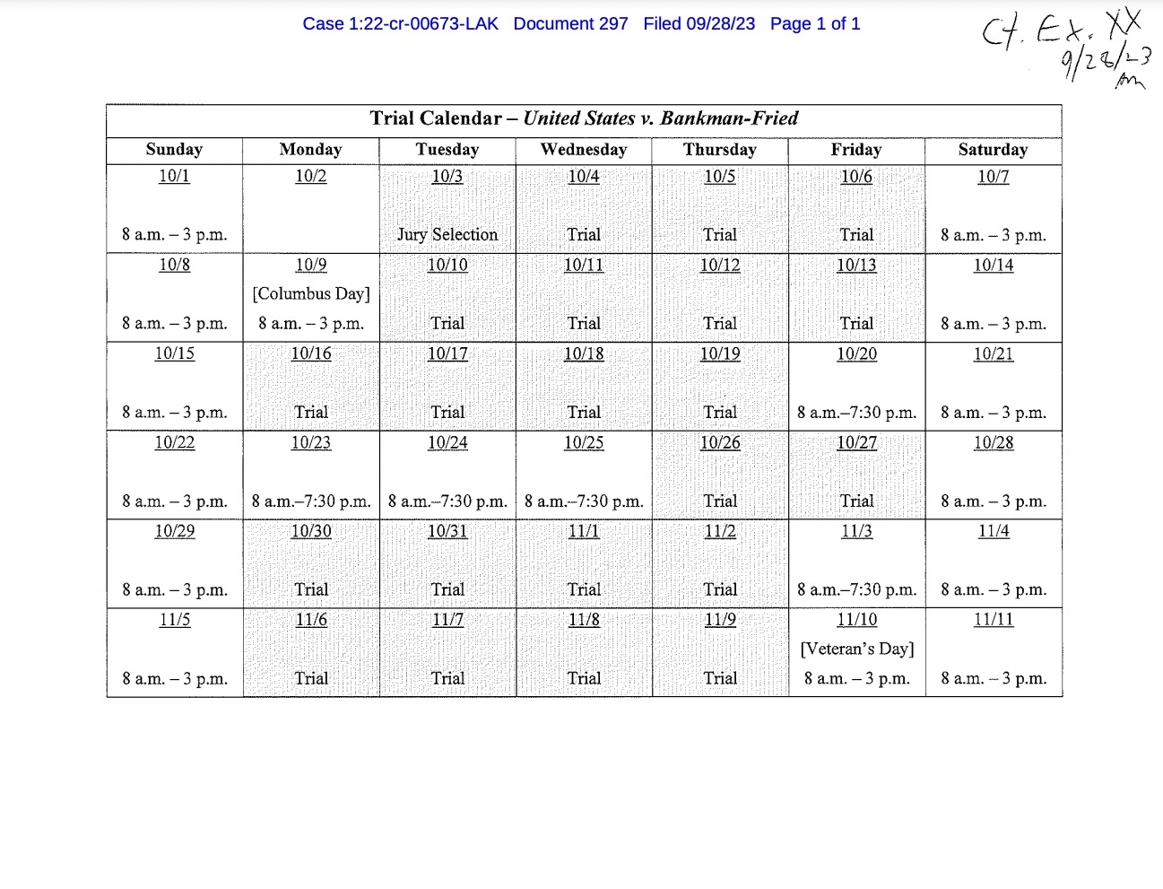 SBF v US trial calendar, a case document.