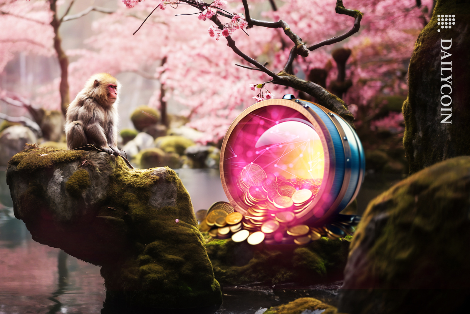 Japanese natural lake landscape with a barrel full of coins laying on a rock.