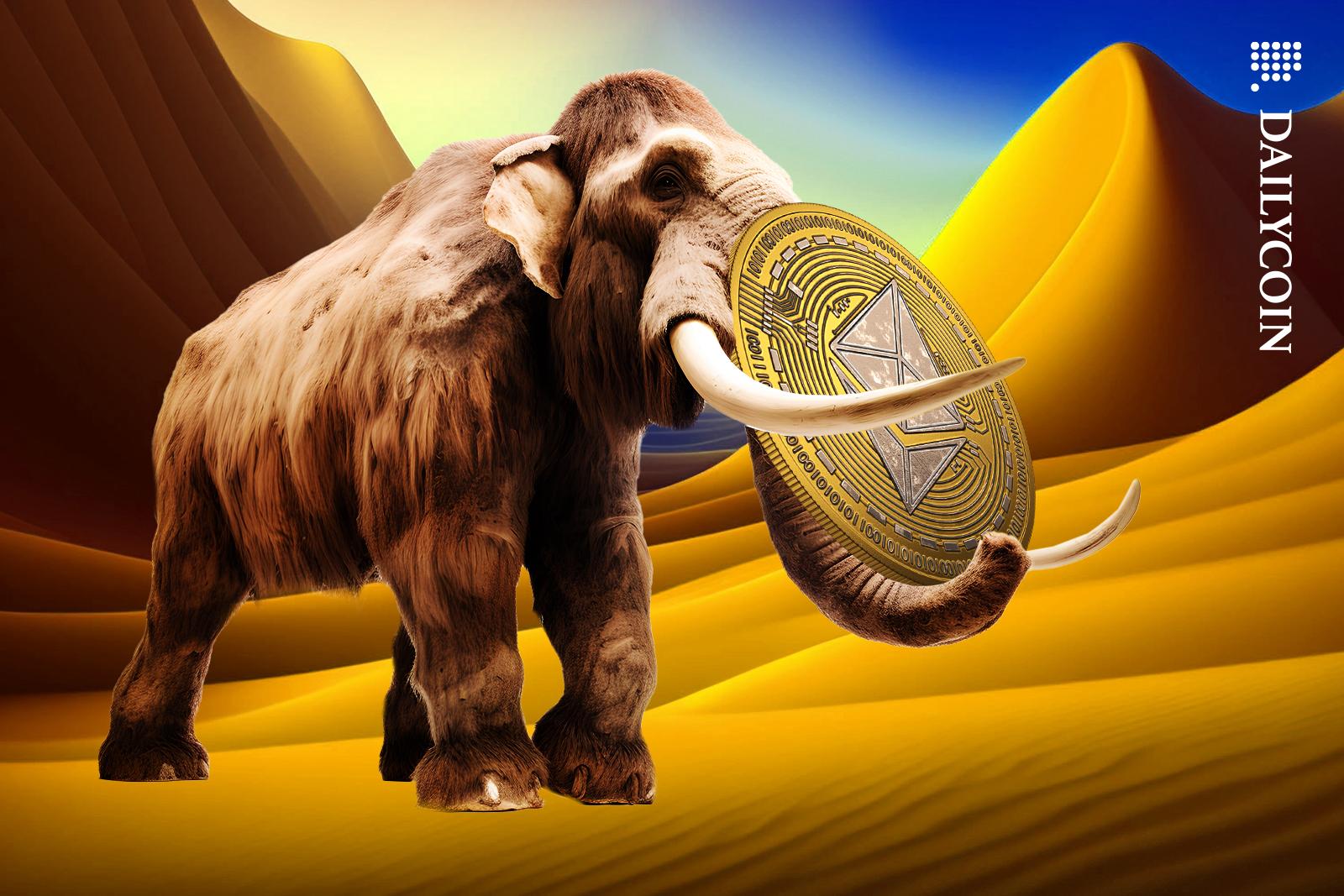 Mammoth carrying a huge Ethereum coin to Coinbase