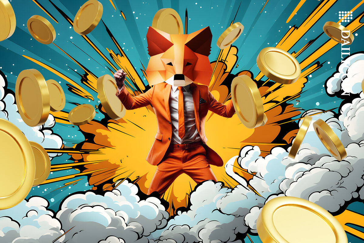 MetaMask character on a cloud with the power of coins.