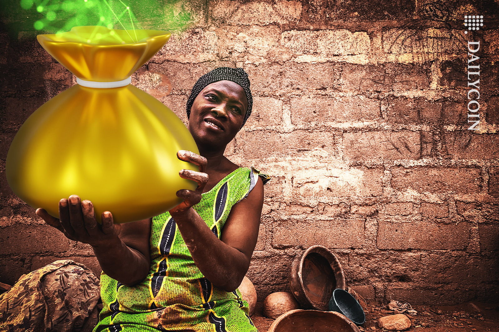 Nigerian lady holding a gold bag of DeFi in a gold bag.