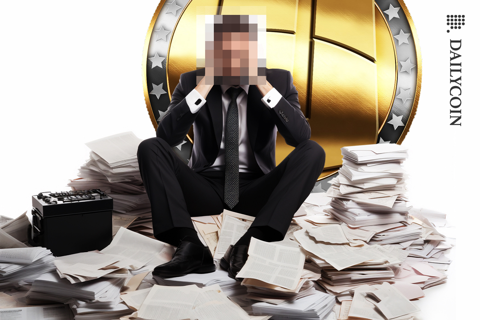 OneCoin lawyer sitting in despair on paperwork.